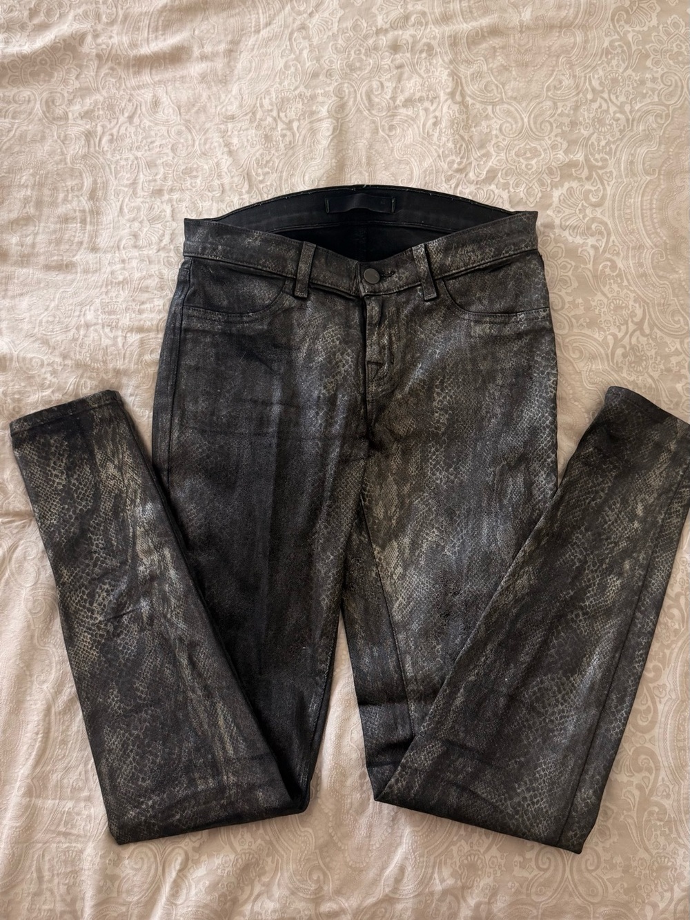 J Brand Metallic Black Snake-Effect Skinny Pants